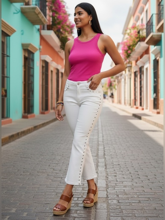 entro Denim - Entro White Ankle Cropped Jeans with Stud-Trim